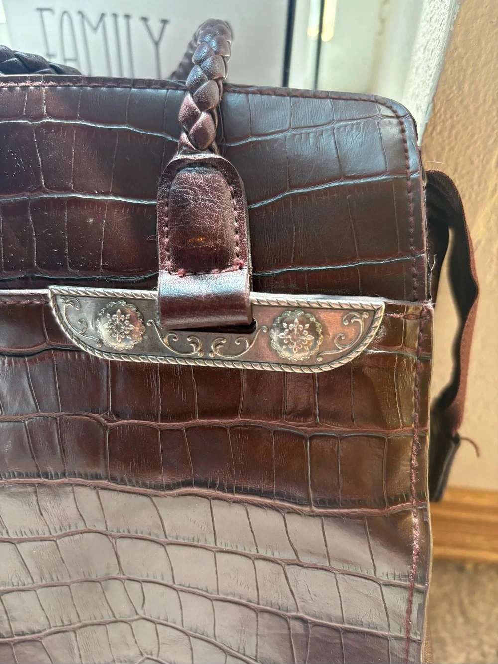 Western Croc Embossed Tote Brown Concho Braided Handle Y2K Cowgirl Purse